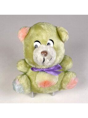 Vintage 1984 Green Plush Teddy Bear Stuffed Animal Purple Bow Carnival Prize